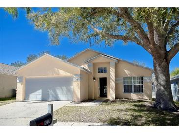 Charming home featuring a well-manicured lawn, mature tree, and attached two-car garage in a quiet neighborhood at 1017 Winding Water Way, Clermont, FL 34714