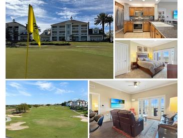 Beautiful exterior shot of community buildings with a yellow golf flag in the foreground on a sunny day at 7673 Heritage Crossing Way # 301, Reunion, FL 34747