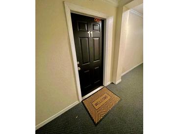 Apartment entrance with black door, '11' number and welcome mat on carpeted floor at 1916 Conway Rd # 11, Orlando, FL 32812