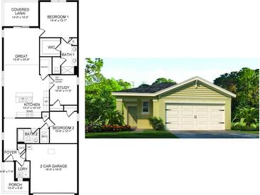 Floor plan with exterior elevation shows layout of the house at 2755 Gentle Rain Dr, Davenport, FL 33837