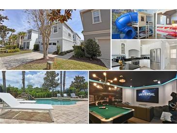 Collage of exterior views, pool, kitchen, bunk beds, and entertainment center showcases different house features at 1057 Castle Pines Ct, Reunion, FL 34747