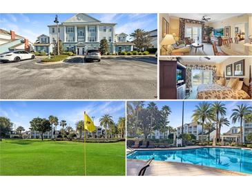 Stylish building exterior with ample parking and a manicured landscape, offering a welcoming curb appeal at 7683 Heritage Crossing Way # 202, Reunion, FL 34747
