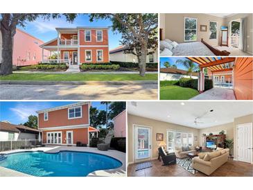 Inviting two-story home featuring a charming front porch and manicured landscaping at 7422 Sparkling Ct, Reunion, FL 34747