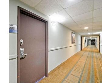 Hallway with neutral carpet, light walls, and the door of unit 1603 at 6165 Carrier Dr # 1603, Orlando, FL 32819