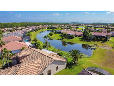 An aerial view of a residential community featuring lush landscaping and a scenic lake winding through the properties at 772 San Raphael St, Kissimmee, FL 34759
