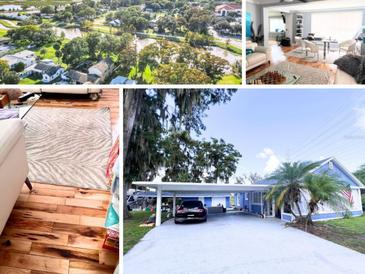 Collage featuring the aerial view, living room, floors and the home's exterior at 302 E Drury Ave, Kissimmee, FL 34744