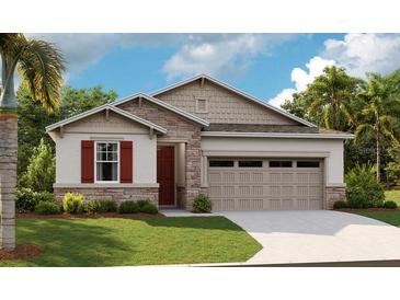 Charming single-story home featuring stone accents, red shutters, and a two-car garage at 175 Flag Lilly Ln, Umatilla, FL 32784