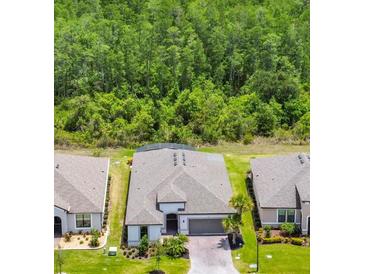 New construction home featuring a two-car garage, a well-manicured lawn, and lush green landscaping at 684 San Augusto Dr, Poinciana, FL 34759