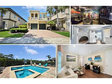 A collage of this property's highlights: Exterior, Home Theater, Bunk Room, Game Room, and a relaxing Pool area at 1228 Castle Pines Ct, Reunion, FL 34747