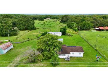 An aerial view of a property with mature trees and a quaint house nestled in a lush green landscape at 1886 Pleasant Hill Rd, Kissimmee, FL 34746