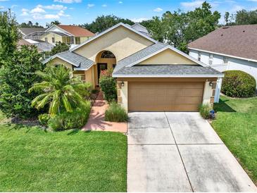 Charming single-Gathering home showcasing a well-manicured lawn and a two-car garage on a sunny day at 737 Oxford Dr, Davenport, FL 33897