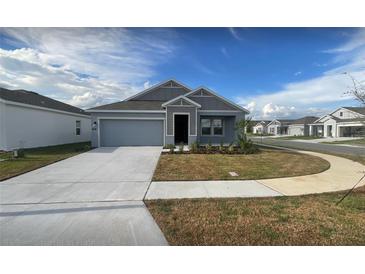 Charming single-story home with a well-manicured lawn, a gray exterior, and a two-car garage at 553 Se Turtle, Haines City, FL 33844