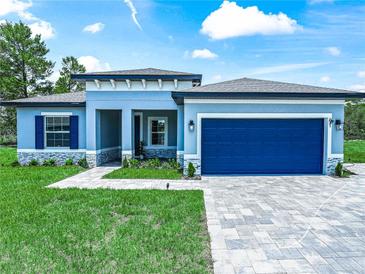 Beautiful single-story home with a well-manicured lawn, paved driveway, and attractive blue garage door and shutters at 41 Orchid Ct, Kissimmee, FL 34759