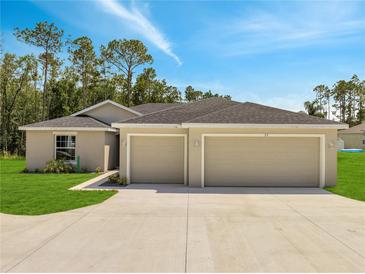 Inviting single-Gathering home featuring a spacious two-car garage, well-manicured lawn, and neutral color palette at 35 Peterlee Ct, Kissimmee, FL 34758