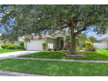 Home's front yard showcases lush green grass, a mature tree, and a clean sidewalk and driveway at 14287 E Weymouth Run, Orlando, FL 32828