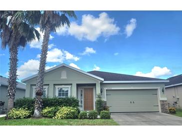 Charming home with a two-car garage, manicured landscaping, and beautiful palm trees against a bright blue sky at 10722 Clover Walk Dr, Orlando, FL 32825