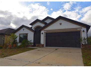 Charming single-story home with a well-maintained lawn and a two-car garage at 1051 Woodlark Dr, Haines City, FL 33844