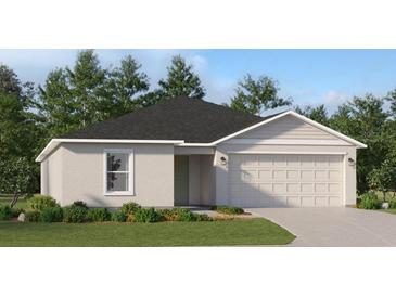 One-story home with gray siding, two car garage, and landscaped lawn at 4814 Yellow Elder Way, Kissimmee, FL 34758