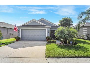 One-story house with gray siding, two-car garage, and landscaped lawn at 3782 Hampton Hills Dr, Lakeland, FL 33810