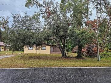 Light yellow single story house with a brown roof and mature trees at 112 Jasper St, Bushnell, FL 33513