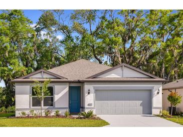 Charming single-story home with a well-manicured lawn, a blue door, and an attached two-car garage at 8223 Sw 52Nd Lane Rd, Ocala, FL 34481