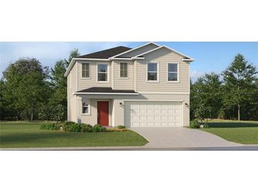 Two-story home with neutral siding, red front door and attached two car garage at 954 Hour Glass Rd, Lakeland, FL 33801