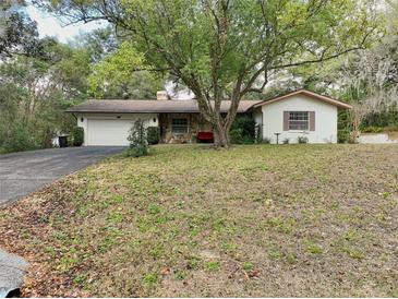 Charming single-story home featuring a stone accent wall, two-car garage, and large shade tree at 10774 Sw 185Th Ter, Dunnellon, FL 34432