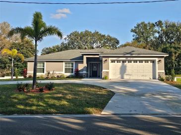 Charming single-story home with a well-manicured lawn, a palm tree, and a two car garage at 1260 Buckeye Ne Rd, Winter Haven, FL 33881