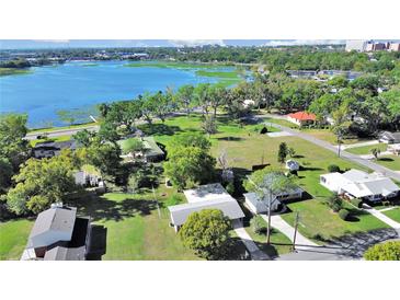 Scenic aerial view of a lakefront property surrounded by lush greenery at 917 E Valencia St, Lakeland, FL 33805