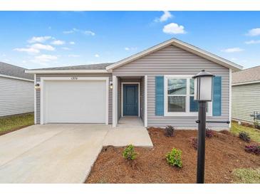 Charming one-story home featuring a one-car garage, blue shutters, landscaped yard, and welcoming front door at 1974 Lockett Ln, The Villages, FL 34762