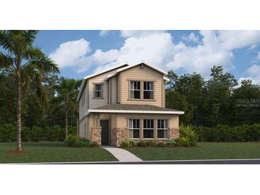 Charming two-story home with a mix of stone and wood exterior, plus a well-manicured lawn and walkway at 7157 Sienna Oak Aly, Orlando, FL 32829
