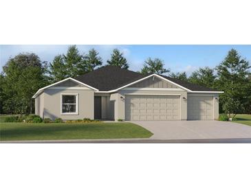 Inviting single-story home with neutral stucco, a dark gray roof, and a three-car garage at 2077 Lasso Loop, Eagle Lake, FL 33839