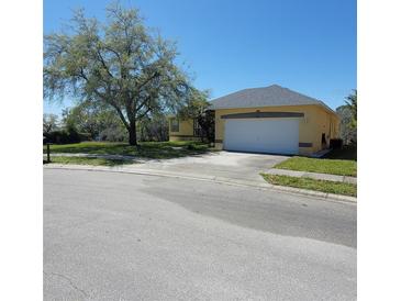 Charming single-story home featuring a two-car garage, well-manicured lawn and mature tree at 447 Wildflower Rd, Davenport, FL 33837