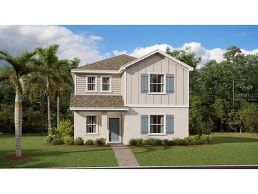 Charming two-story home with light gray and white siding, complemented by a well-manicured lawn and lush landscaping at 5645 Meditation Dr, Clermont, FL 34714