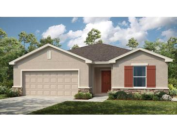 Charming single-Gathering home featuring a well-maintained lawn, neutral stucco, and complementary dark brown shutters at 2434 Slippery Rock St, Auburndale, FL 33823
