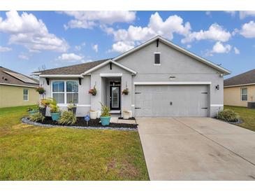 Charming single-Gathering home featuring a well-manicured lawn, flower beds, and a gray two-car garage at 1780 Jackson Oaks Dr, Bartow, FL 33830