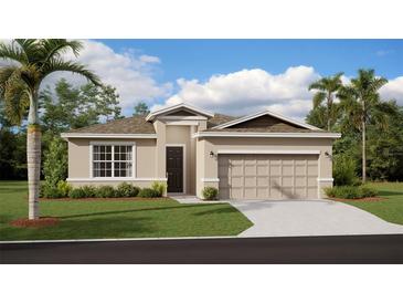 Charming single-story home with a well-manicured lawn, complemented by a two-car garage and neutral color palette at 5107 Bridgehaven Rd, Davenport, FL 33837