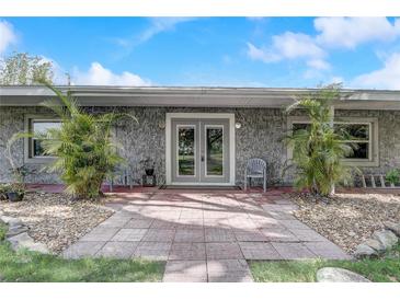 Inviting front entrance with double doors, gray walls, and small tropical plants, giving the home character at 430 Alturas Babson Park Cutoff, Lake Wales, FL 33859