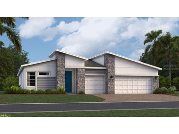 Charming single-story home with a two-car garage, stone accents, and well-manicured lawn at 2275 Rider Rain Ln, Apopka, FL 32703
