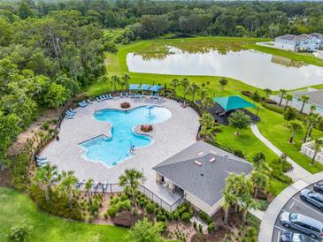Aerial view of the community pool, playground, and nearby pond surrounded by lush landscaping and trees at 1335 Berry Ln, Davenport, FL 33837