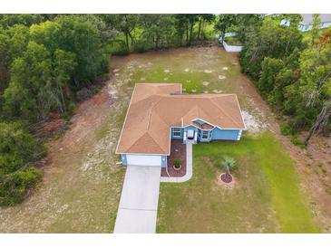 Aerial view of a one-story home with a brown roof, blue siding, and an attached garage in a neighborhood with mature trees at 8628 Sw 133Rd Lane Rd, Ocala, FL 34473