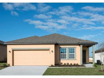 Charming single-story home featuring a neutral color scheme, a two-car garage and a well-manicured lawn at 3079 Daffodil Dr, Lake Hamilton, FL 33851