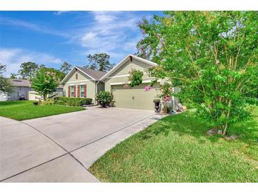 Inviting home exterior featuring a two-car garage, well-maintained lawn, and lush landscaping under a blue sky at 317 Nowell Loop, Deland, FL 32724