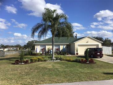 Landscaped front yard with palm tree and colorful plants at 1471 Badger Ter, Deltona, FL 32725