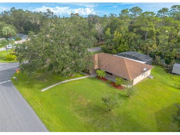 Aerial view of a single-story house with a large yard and a pool at 2603 Royal Palm Dr, Edgewater, FL 32141