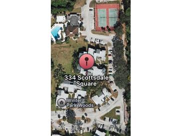 Overhead view of 334 Scottsdale Square in Winter Park Woods featuring pool and tennis courts at 334 Scottsdale Sq # 334, Winter Park, FL 32792