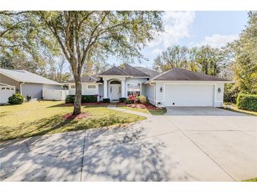 Charming single-story home with a well-manicured lawn, mature tree, and welcoming front entrance at 163 Chrysanthemum Dr, Ormond Beach, FL 32174