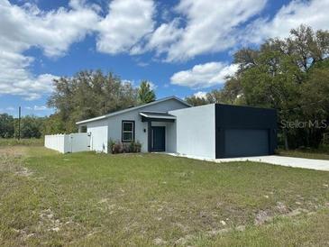Charming single-story home with a modern architectural style and a well-manicured lawn at 28 Guava Ln, Ocklawaha, FL 32179