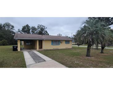 Charming single-story home featuring a covered carport and well-maintained front lawn with mature palm trees at 685 E French Ave, Orange City, FL 32763