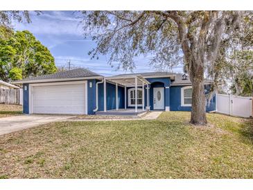 Charming blue home with a well-manicured lawn and mature tree in the front yard at 711 Hiview Cir, Port Orange, FL 32127